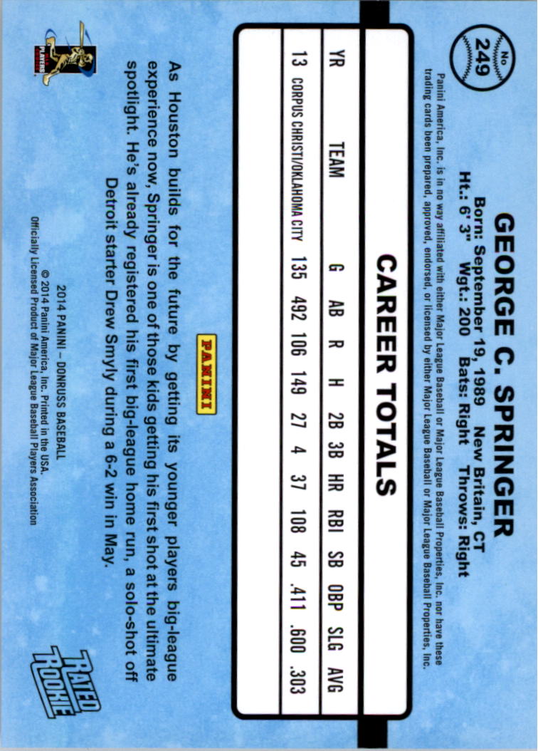 2014 Donruss Stat Line Career #249 George Springer/62 back image