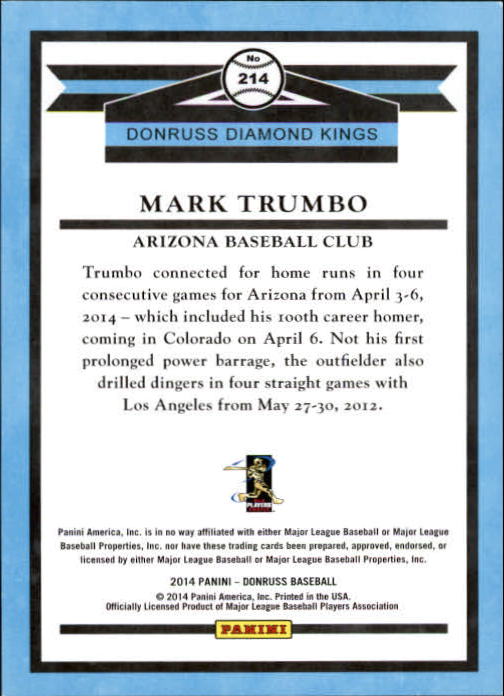 2014 Donruss Press Proofs Gold #214 Mark Trumbo DK back image