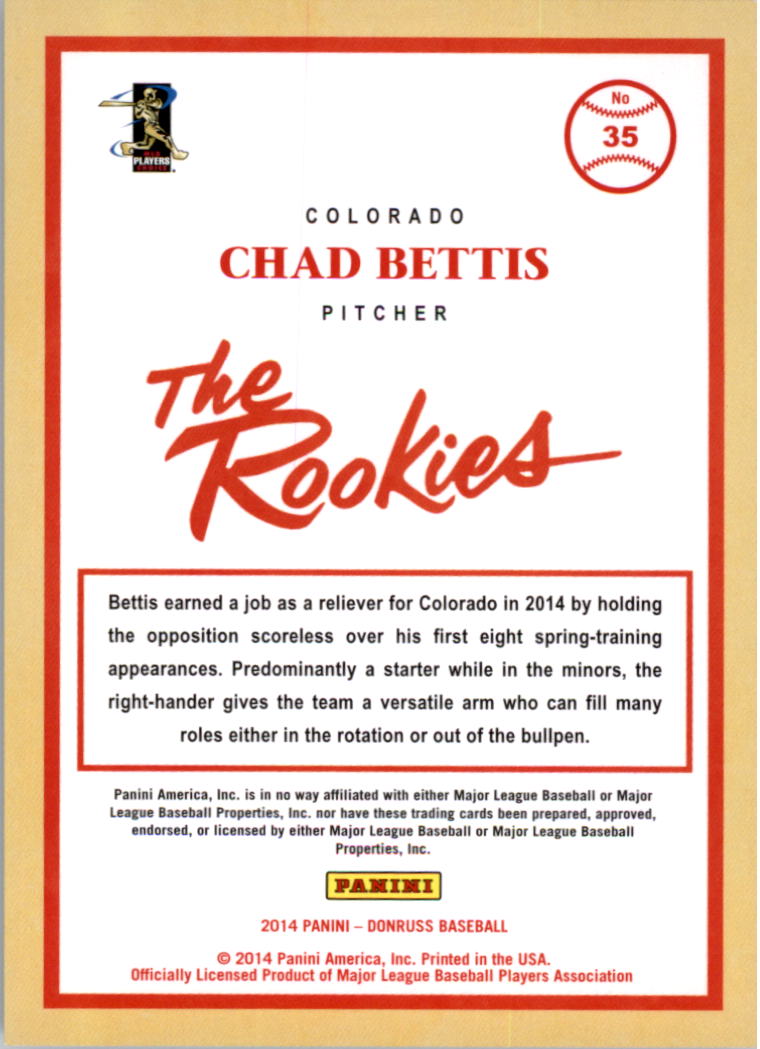 2014 Donruss The Rookies Stat Line Career #35 Chad Bettis/308 back image