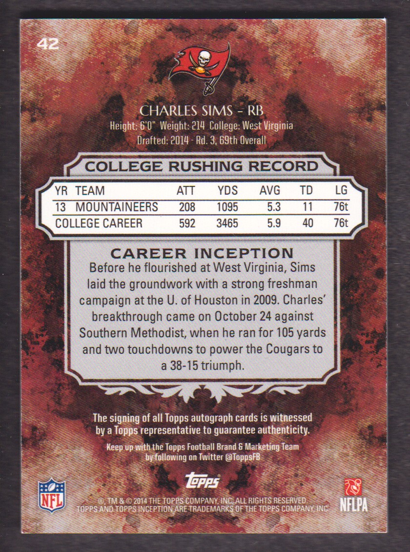 2014 Topps Inception #42R Charles Sims AU RC back image