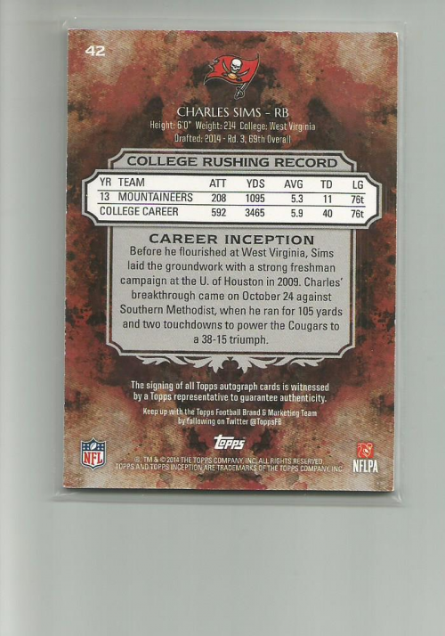 2014 Topps Inception Red #42R Charles Sims AU back image