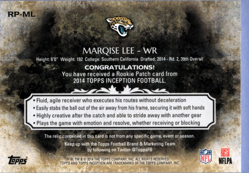 2014 Topps Inception Rookie Relics Patch #RPML Marqise Lee back image