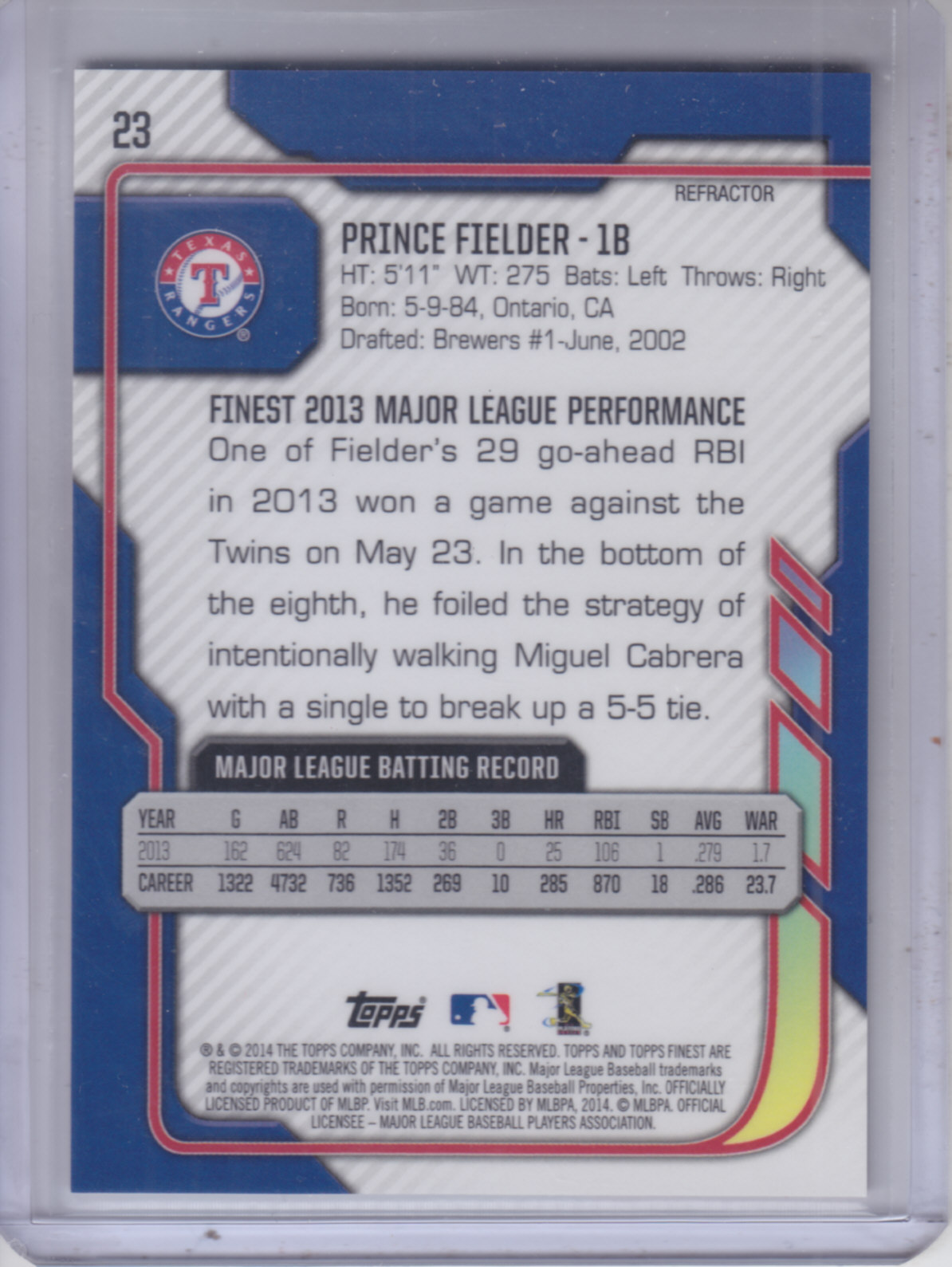 2014 Finest Blue Refractors #23 Prince Fielder back image