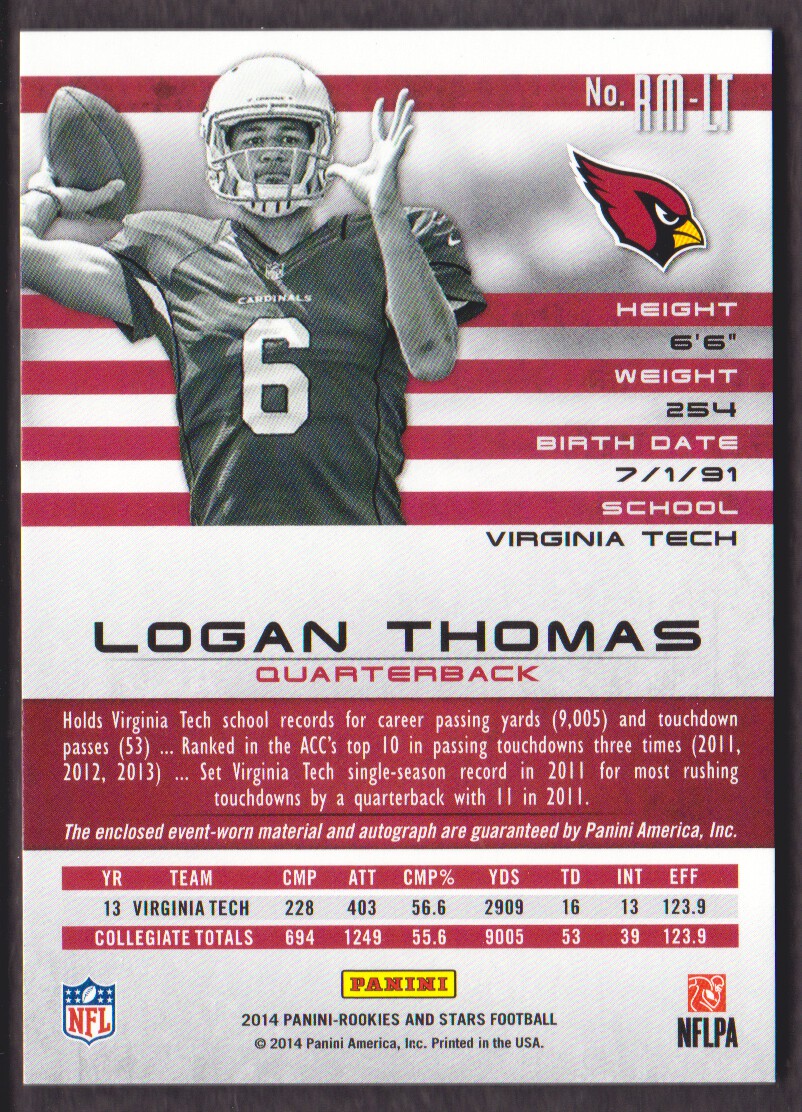 2014 Rookies and Stars Rookie Jersey Autographs #RMLT Logan Thomas/299 back image