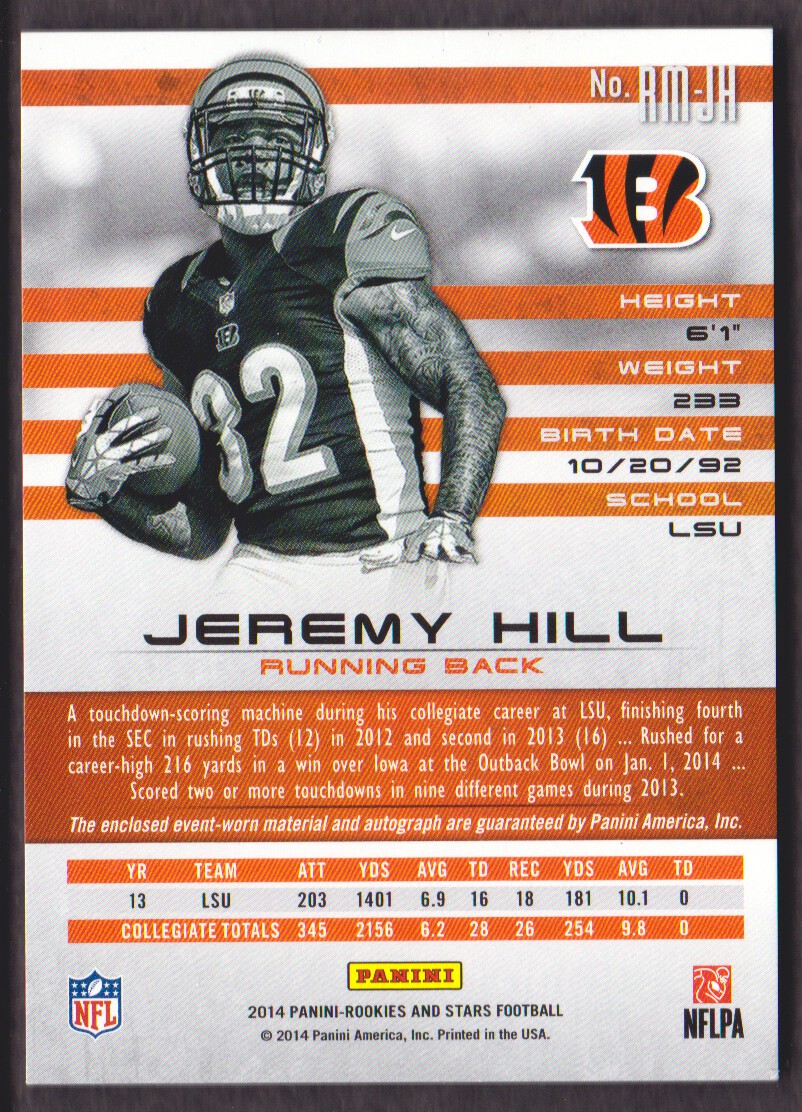 2014 Rookies and Stars Rookie Jersey Autographs #RMJH Jeremy Hill/299 back image