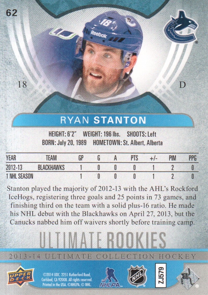 2013-14 Ultimate Collection #62 Ryan Stanton/499 RC back image