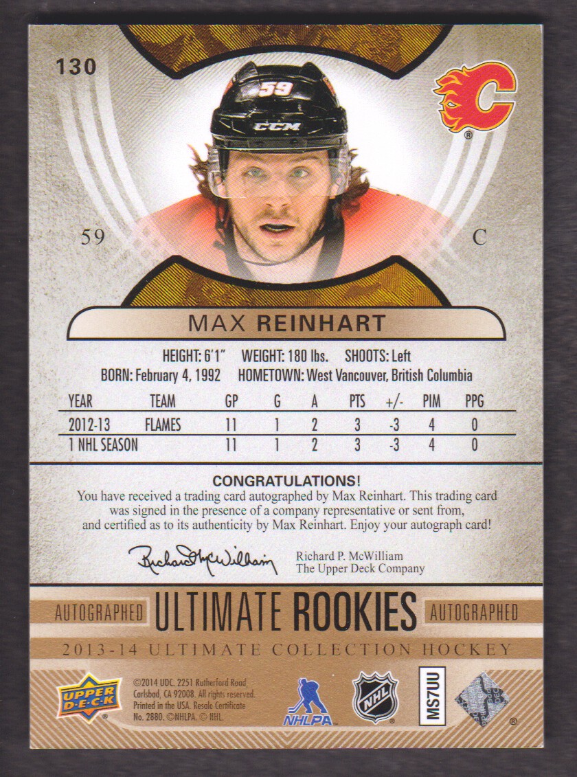 2013-14 Ultimate Collection #130 Max Reinhart AU/399 RC back image