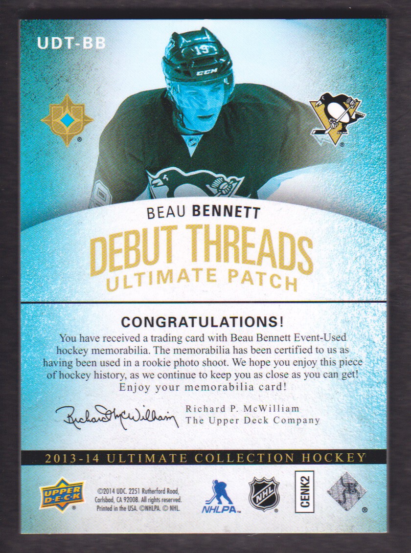 2013-14 Ultimate Collection Debut Threads Patches #UDTBB Beau Bennett back image