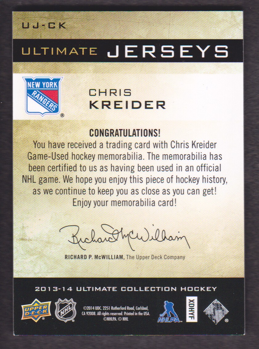 2013-14 Ultimate Collection Ultimate Jerseys #UJCK Chris Kreider B back image