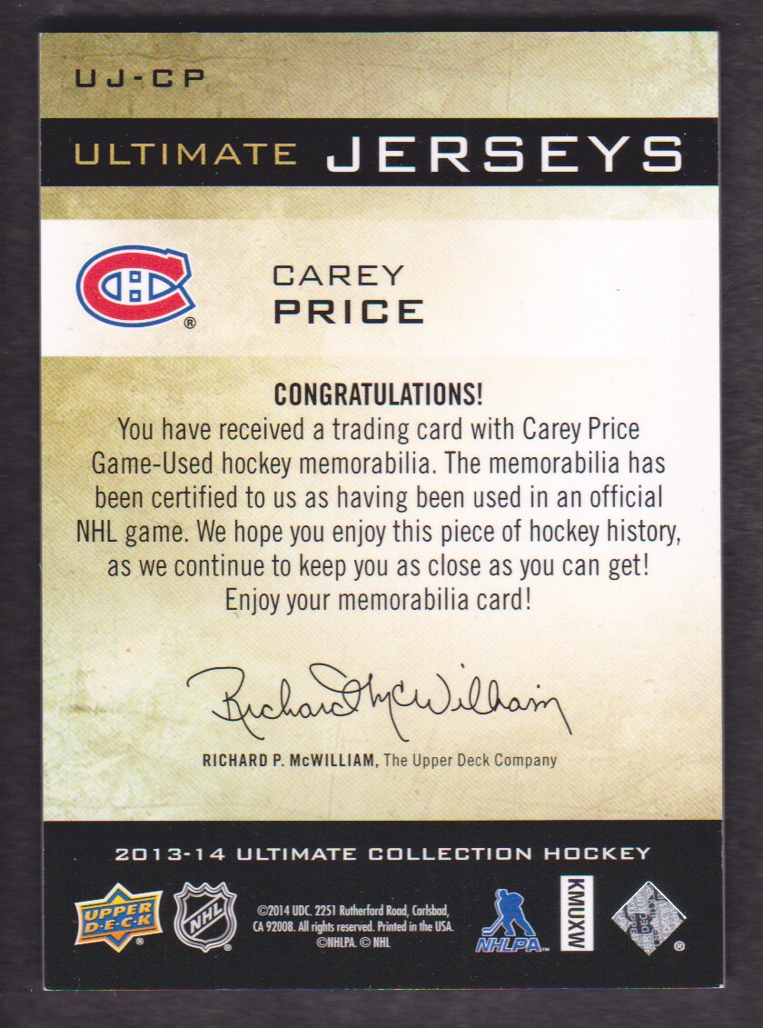 2013-14 Ultimate Collection Ultimate Jerseys #UJCP Carey Price B back image