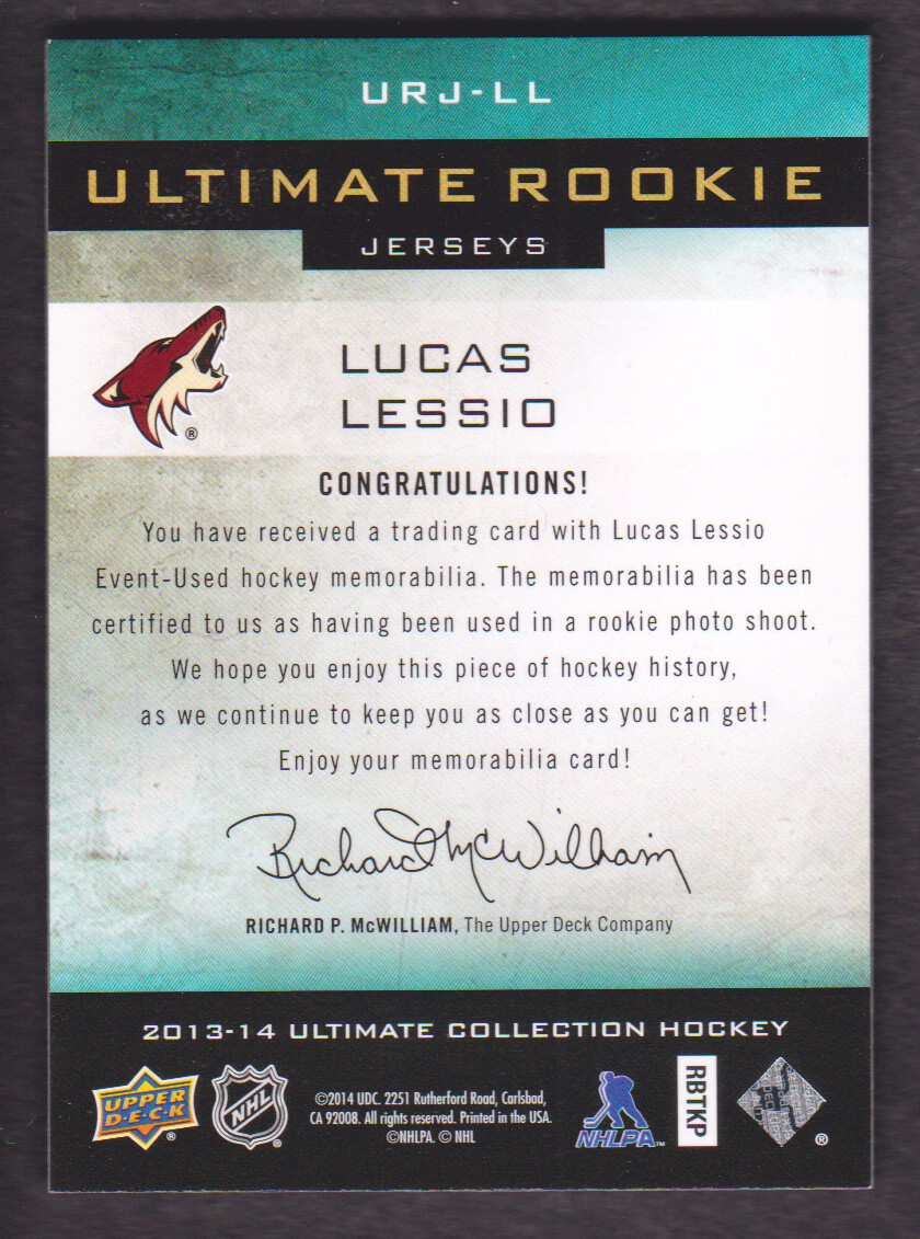 2013-14 Ultimate Collection Ultimate Rookie Jerseys #URJLL Lucas Lessio back image