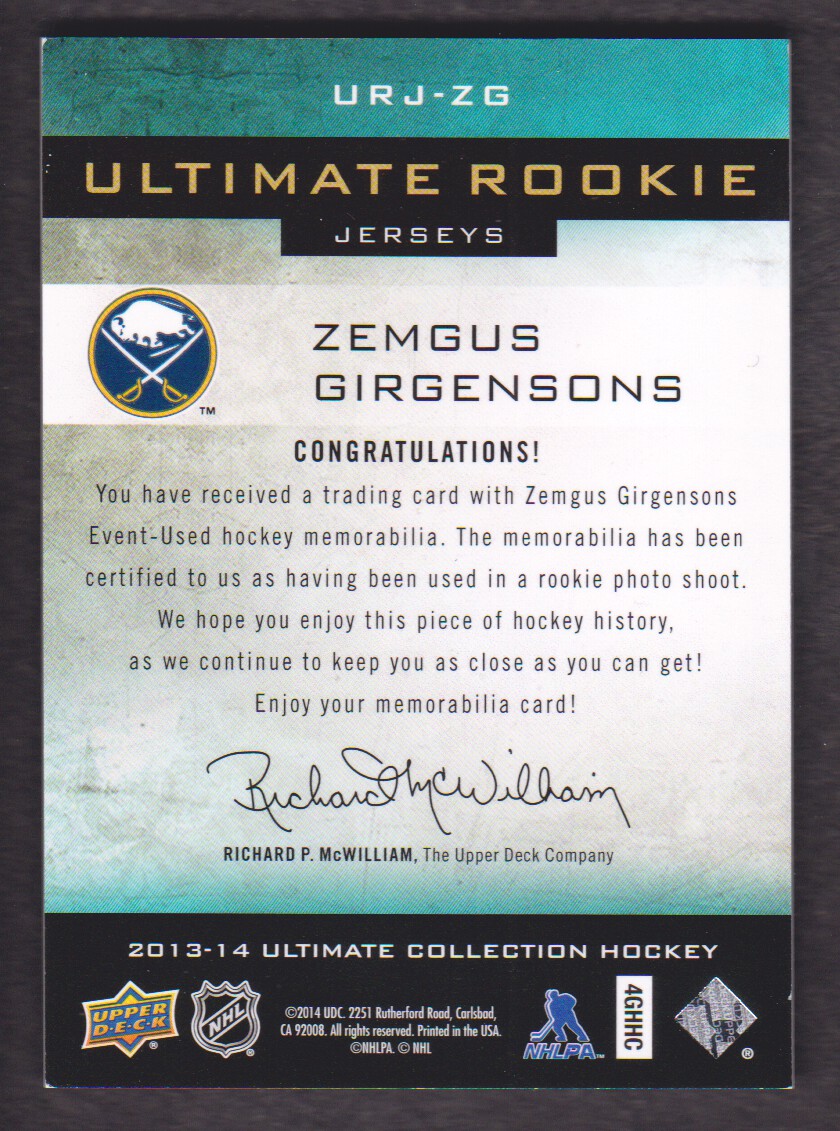 2013-14 Ultimate Collection Ultimate Rookie Jerseys #URJZG Zemgus Girgensons back image