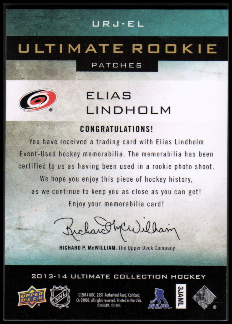 2013-14 Ultimate Collection Ultimate Rookie Patches #URJEL Elias Lindholm back image