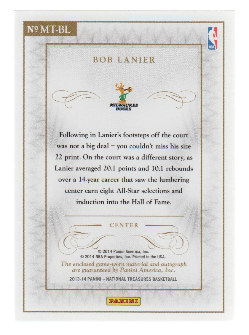 2013-14 Panini National Treasures Material Treasures Signatures #18 Bob Lanier/49 back image