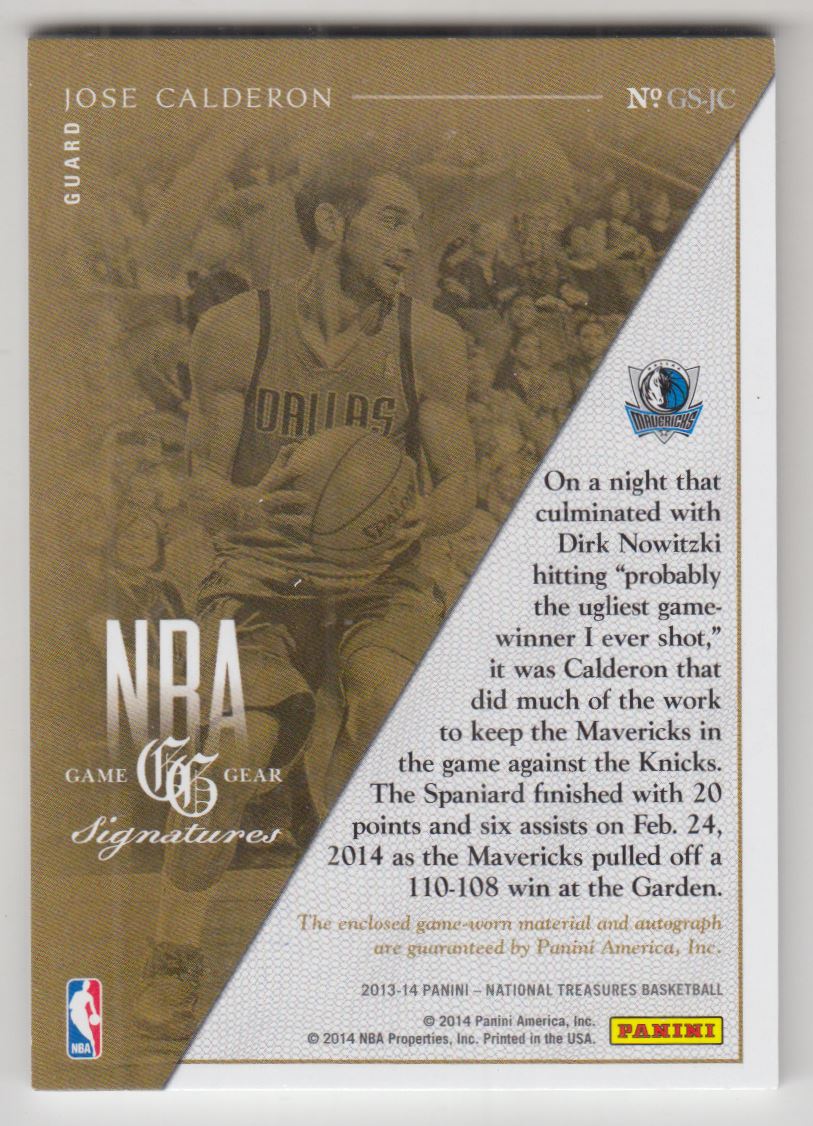 2013-14 Panini National Treasures NBA Game Gear Prime Signatures #90 Jose Calderon/25 back image