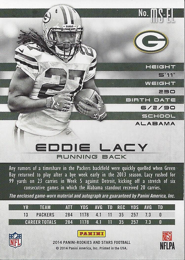 2014 Rookies and Stars Materials Autographs Longevity Ruby #MSEL Eddie Lacy/49 back image