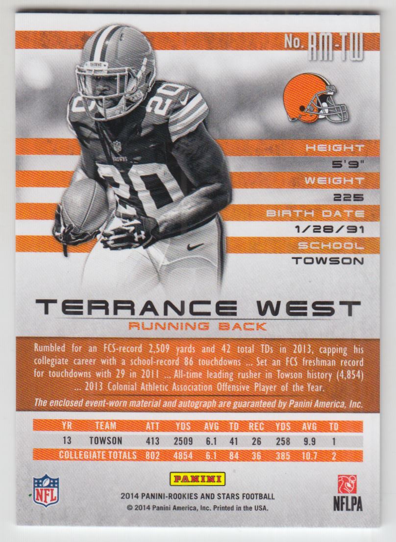 2014 Rookies and Stars Rookie Jersey Autographs Longevity Holofoil #RMTW Terrance West/99 back image