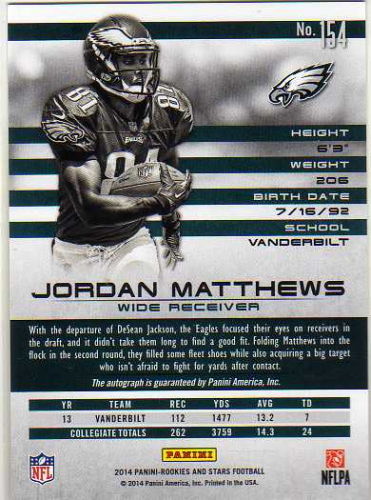 2014 Rookies and Stars Rookie Autographs Longevity #154 Jordan Matthews back image