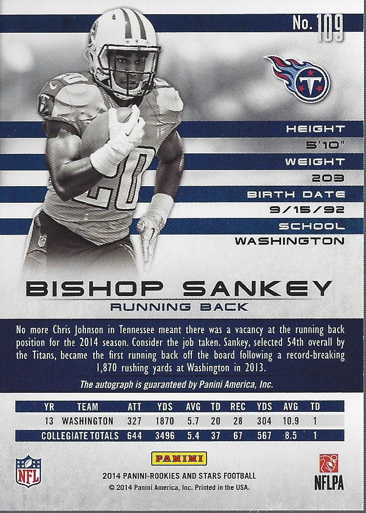 2014 Rookies and Stars Rookie Autographs Longevity Ruby #109 Bishop Sankey/99 back image