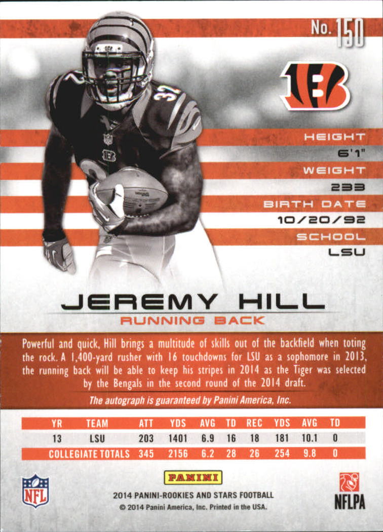 2014 Rookies and Stars Rookie Autographs Longevity Gold #150 Jeremy Hill/49 back image