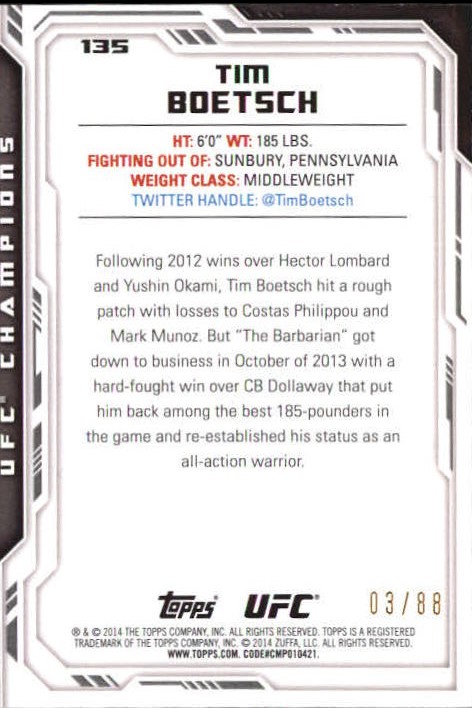 2014 Topps UFC Champions Blue #135 Tim Boetsch back image