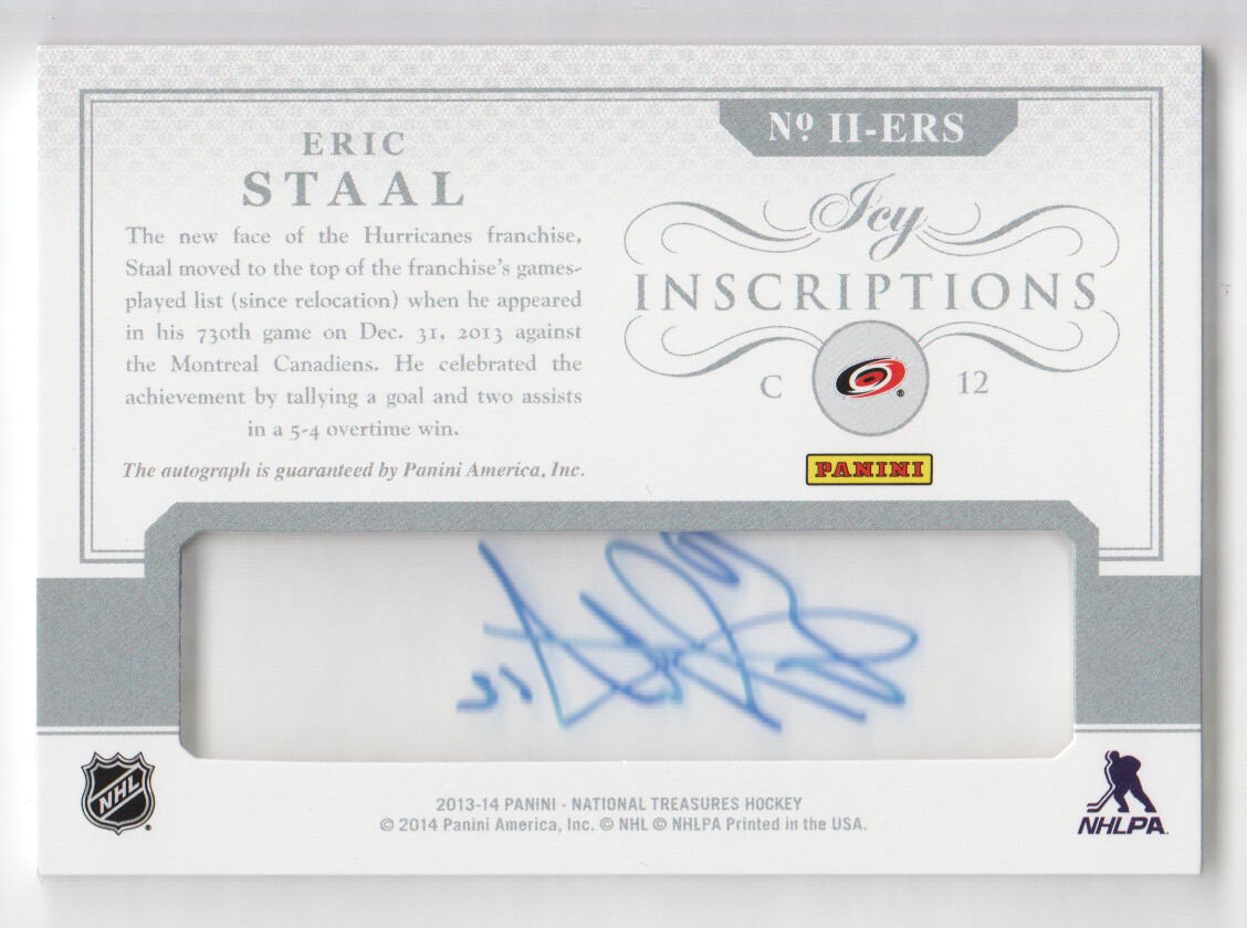 2013-14 Panini National Treasures Icy Inscriptions #11 Eric Staal back image