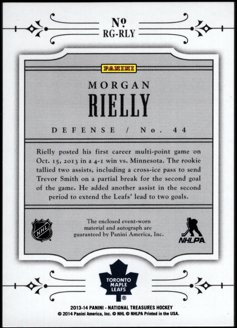 2013-14 Panini National Treasures NHL Rookie Gear Autographs #14 Morgan Rielly back image