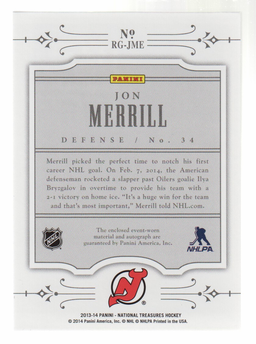 2013-14 Panini National Treasures NHL Rookie Gear Autographs #33 Jon Merrill back image