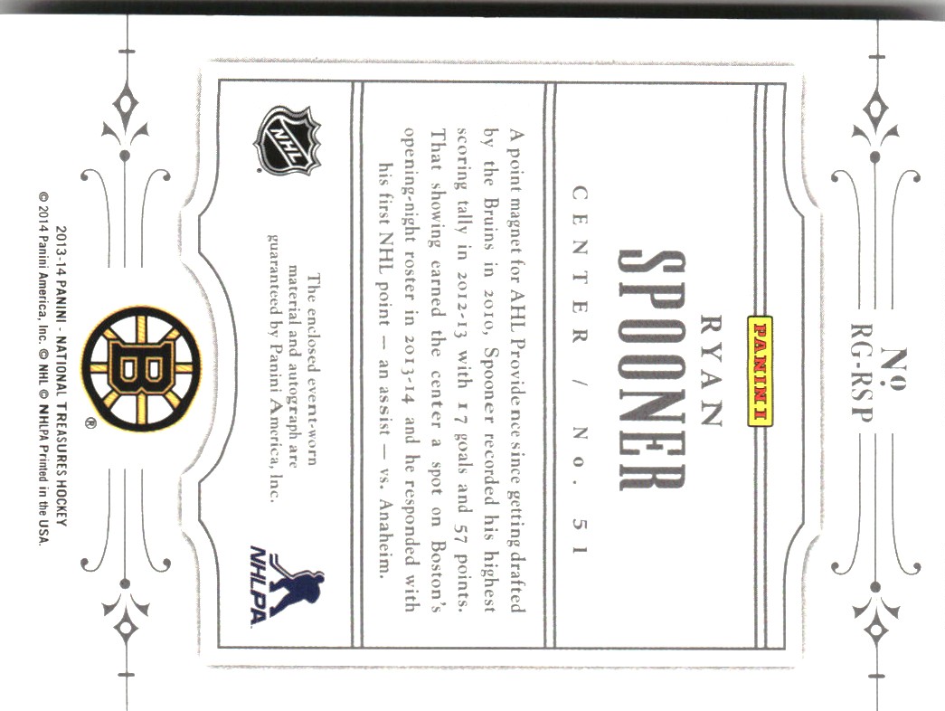 2013-14 Panini National Treasures NHL Rookie Gear Autographs #34 Ryan Spooner back image