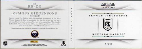 2013-14 Panini National Treasures Rookie Jumbo Jerseys Booklet Autographs #18 Zemgus Girgensons/99 back image