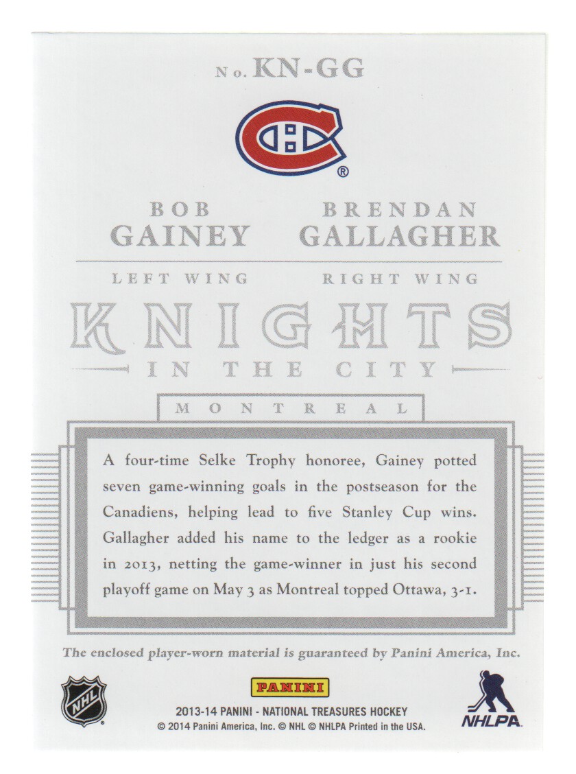 2013-14 Panini National Treasures Knights in the City Materials #4 Bob Gainey/Brendan Gallagher back image