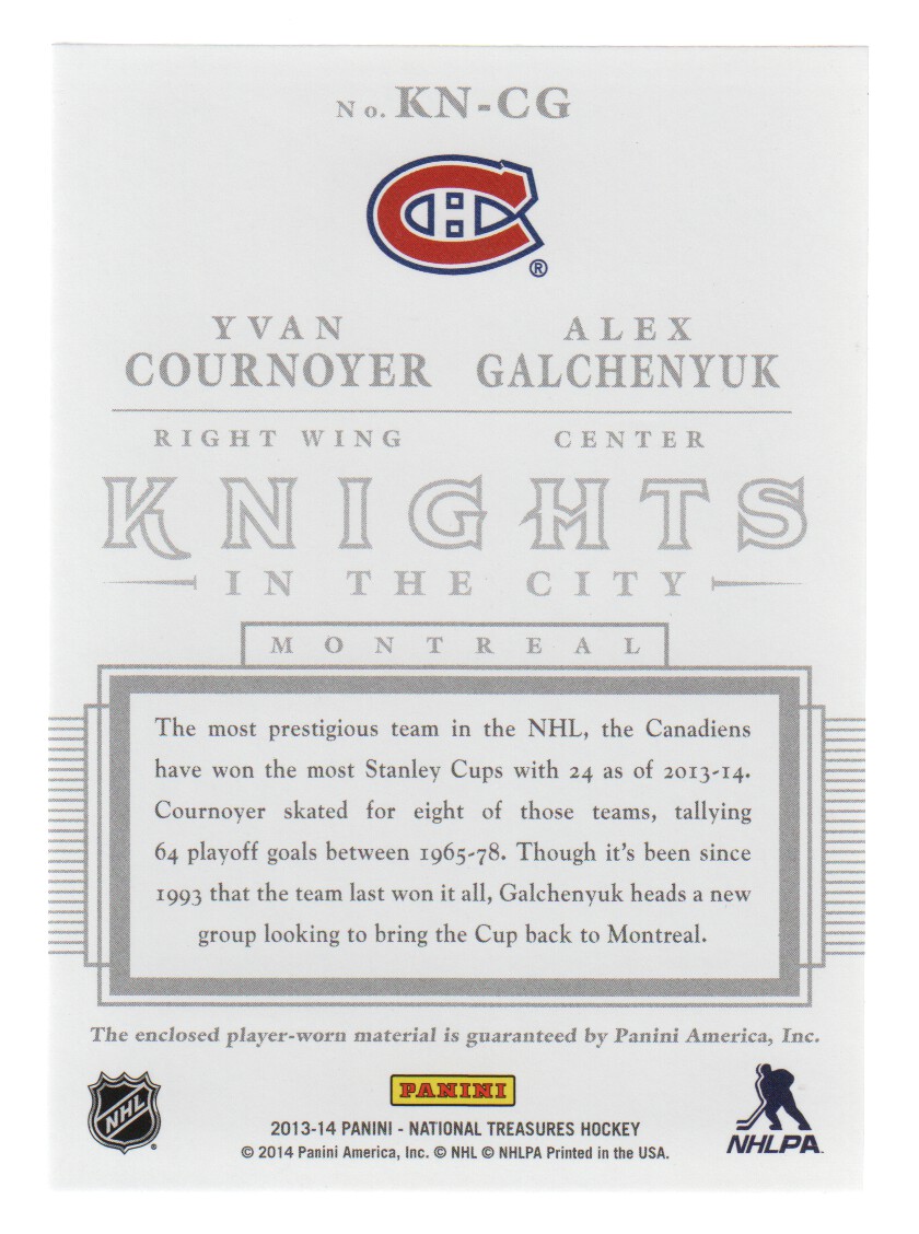 2013-14 Panini National Treasures Knights in the City Materials #11 Alex Galchenyuk/Yvan Cournoyer back image