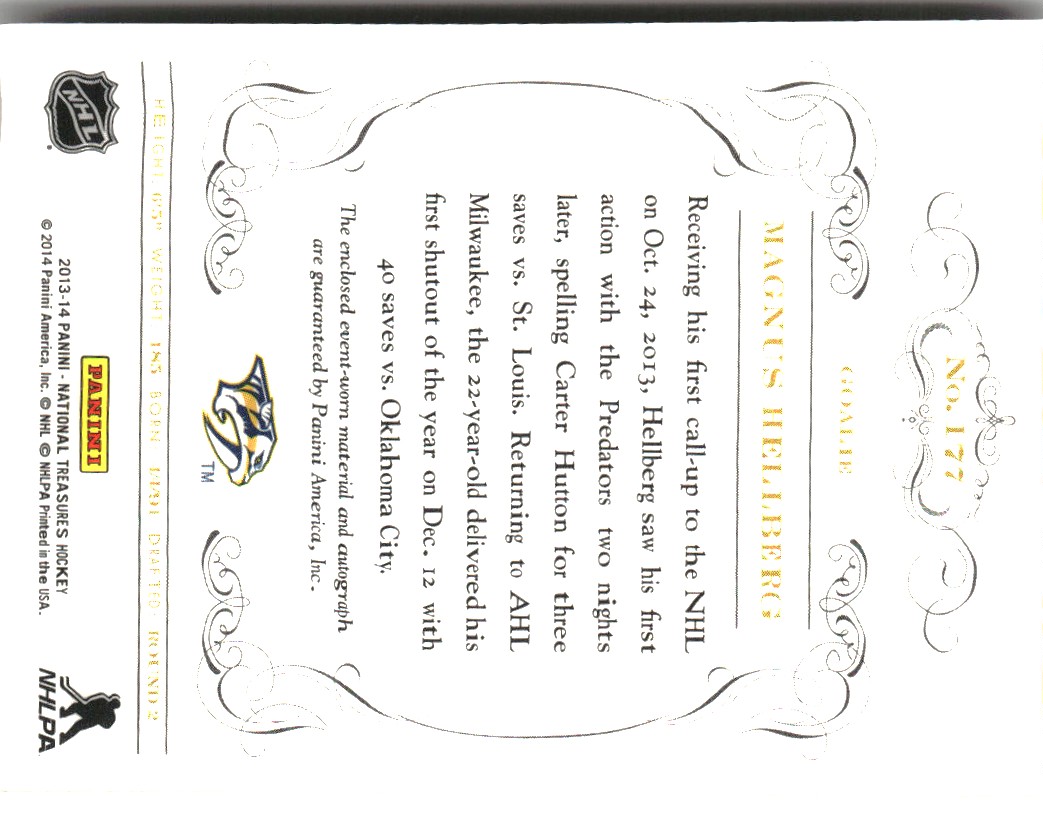 2013-14 Panini National Treasures #177 Magnus Hellberg JSY AU RC