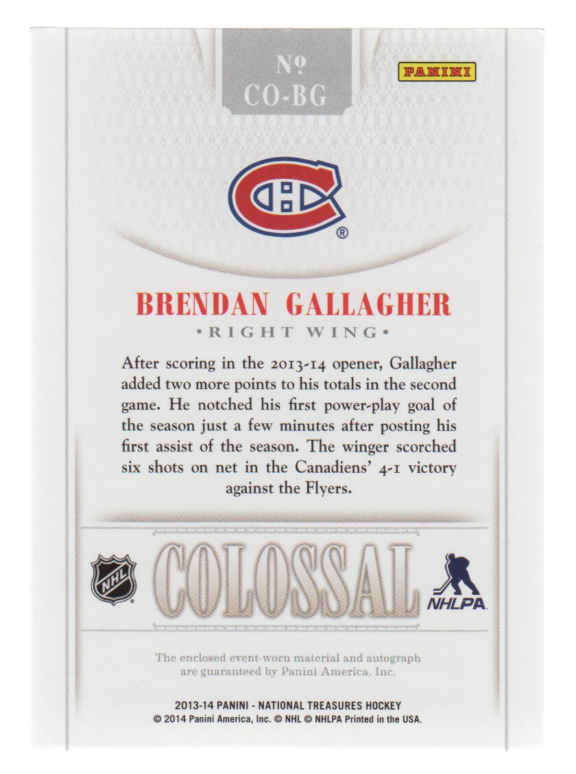2013-14 Panini National Treasures Colossal Jerseys Autograph #7 Brendan Gallagher/25 back image