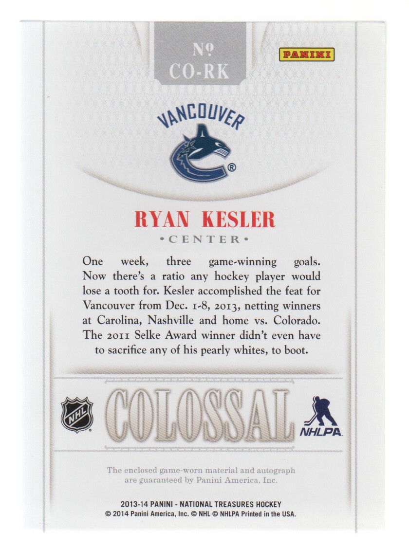 2013-14 Panini National Treasures Colossal Jerseys Autograph #34 Ryan Kesler/25 back image