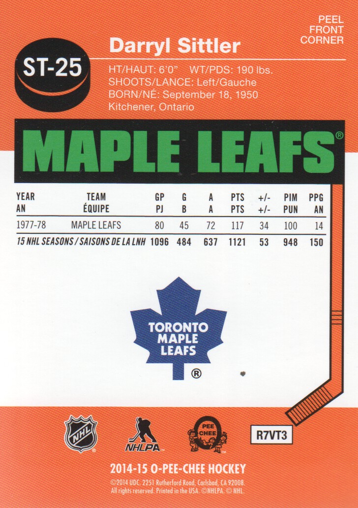2014-15 O-Pee-Chee Stickers #ST25 Darryl Sittler back image
