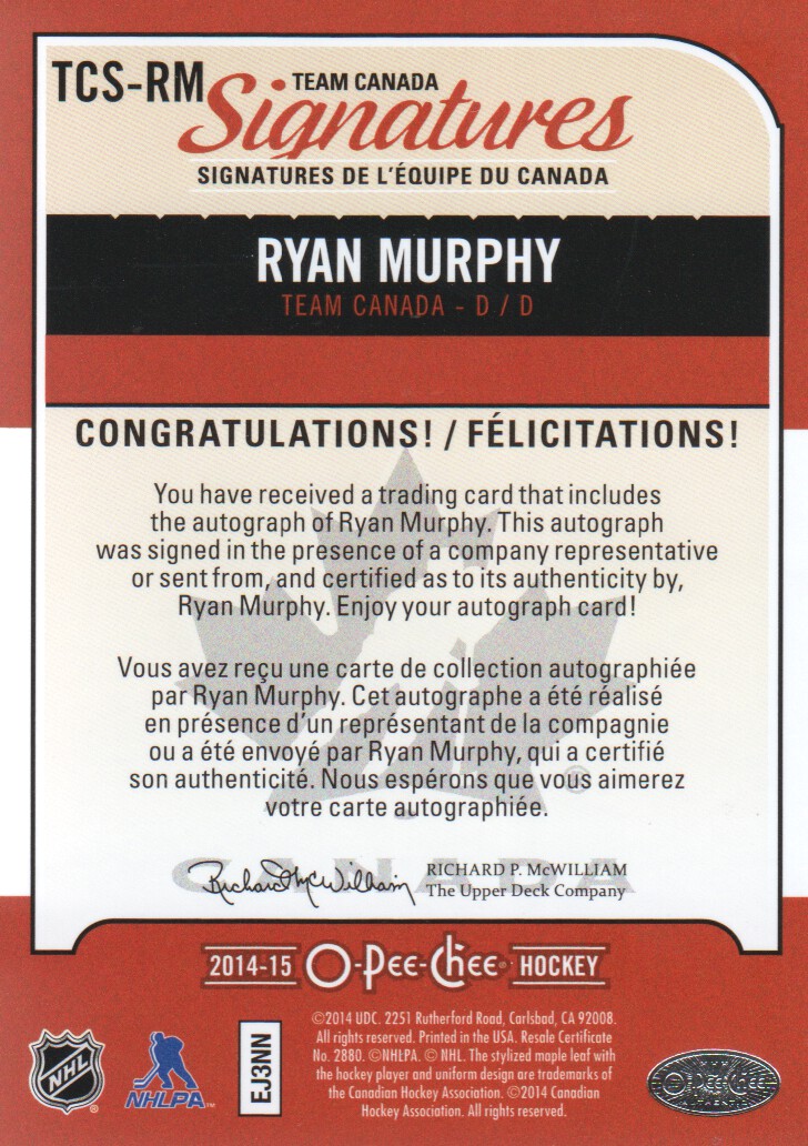 2014-15 O-Pee-Chee Team Canada Signatures #TCSRM Ryan Murphy D back image