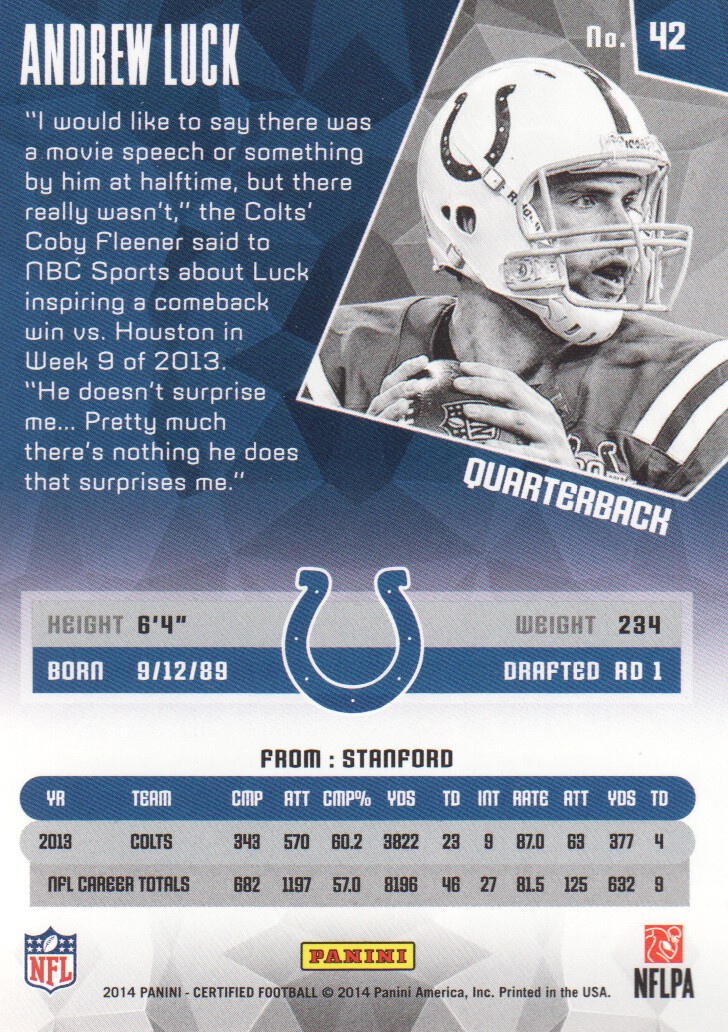 2014 Certified #42 Andrew Luck back image