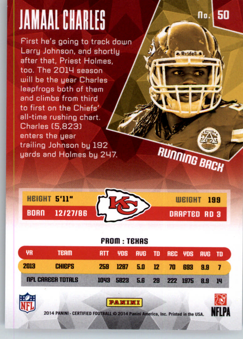 2014 Certified Red #50 Jamaal Charles back image