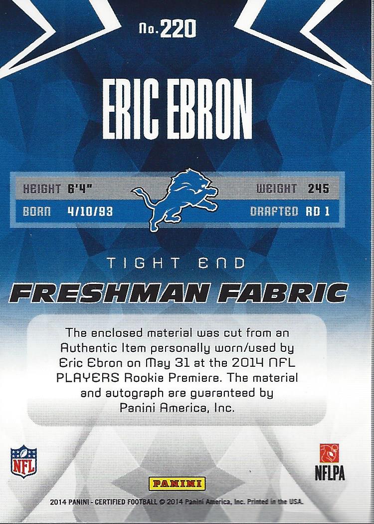 2014 Certified Red #220 Eric Ebron JSY AU/249 back image