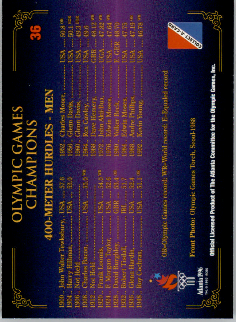 1996 Collect-A-Card Centennial Olympic Games Collection #36 400-Meter Hurdles - Men back image