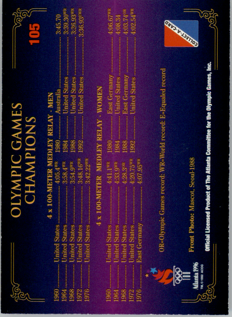 1996 Collect-A-Card Centennial Olympic Games Collection #105 4 x 100-Meter Medley Relay - Men & Women back image
