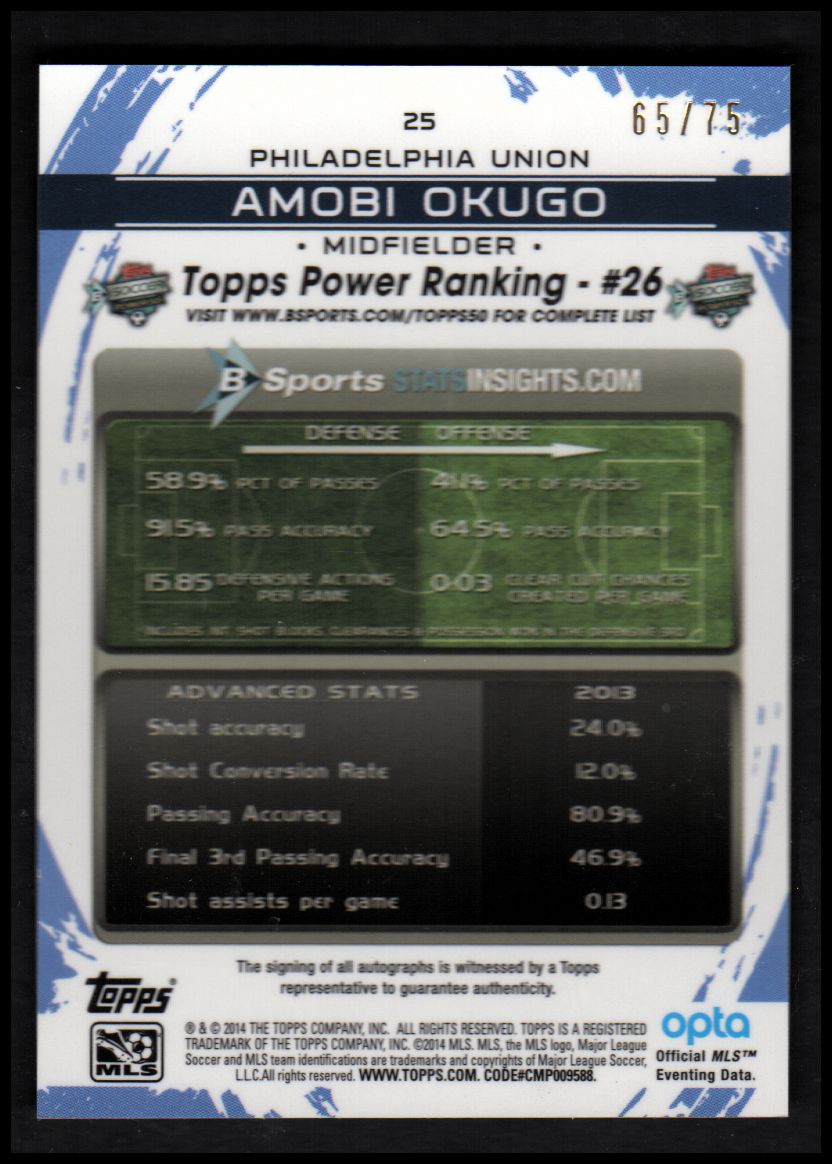 2014 Topps Chrome MLS Autographs Orange Refractors #25 Amobi Okugo back image