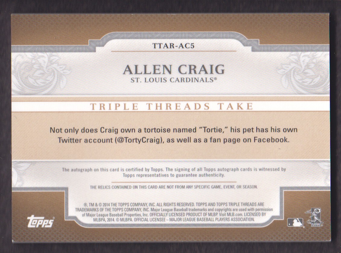 2014 Topps Triple Threads Relic Autographs Gold #TTARAC5 Allen Craig back image