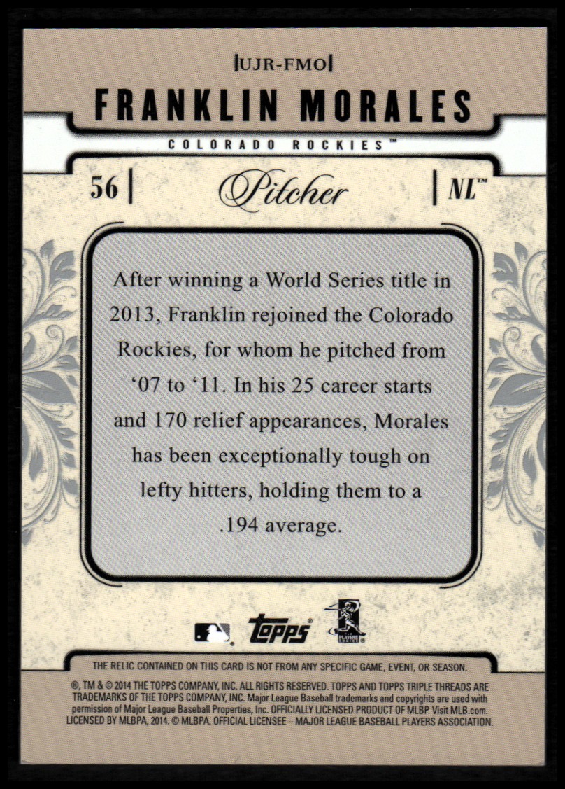 2014 Topps Triple Threads Unity Relics #UJRFMO Franklin Morales back image