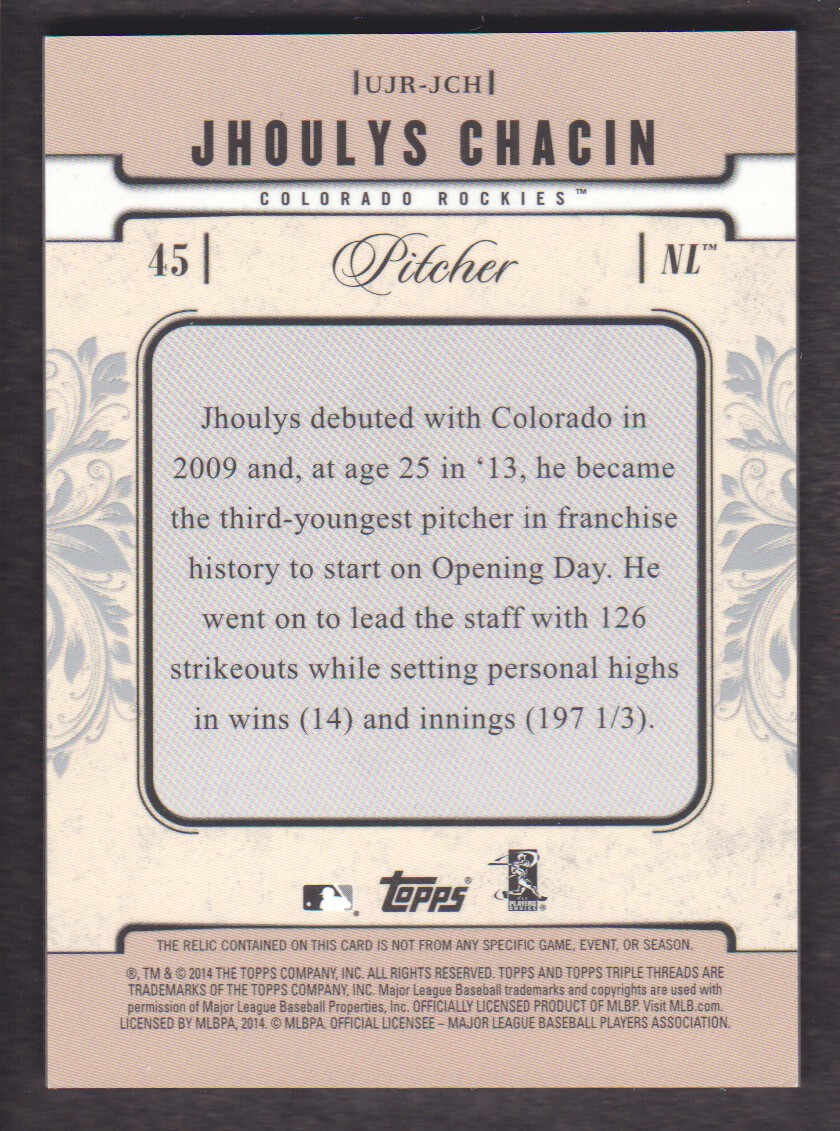 2014 Topps Triple Threads Unity Relics #UJRJCH Jhoulys Chacin back image