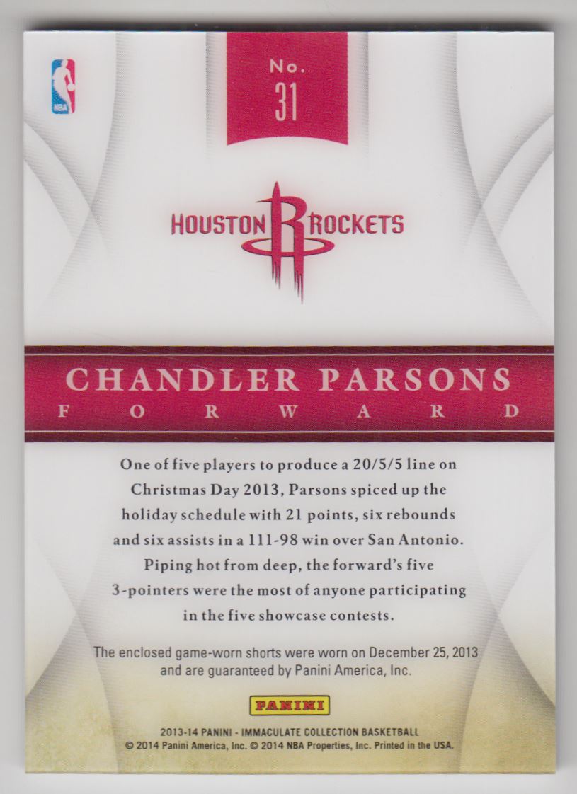 2013-14 Immaculate Collection Christmas Day Materials #31 Chandler Parsons back image