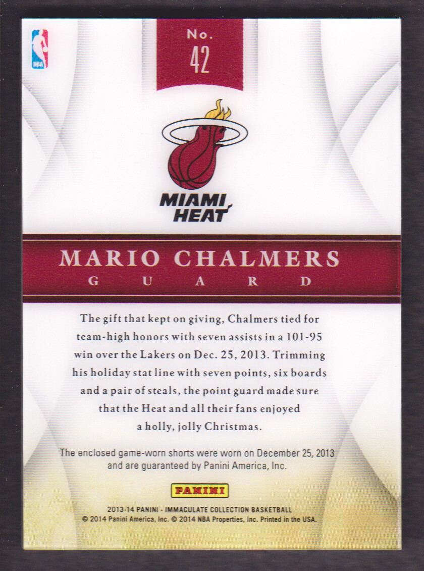 2013-14 Immaculate Collection Christmas Day Materials #42 Mario Chalmers back image
