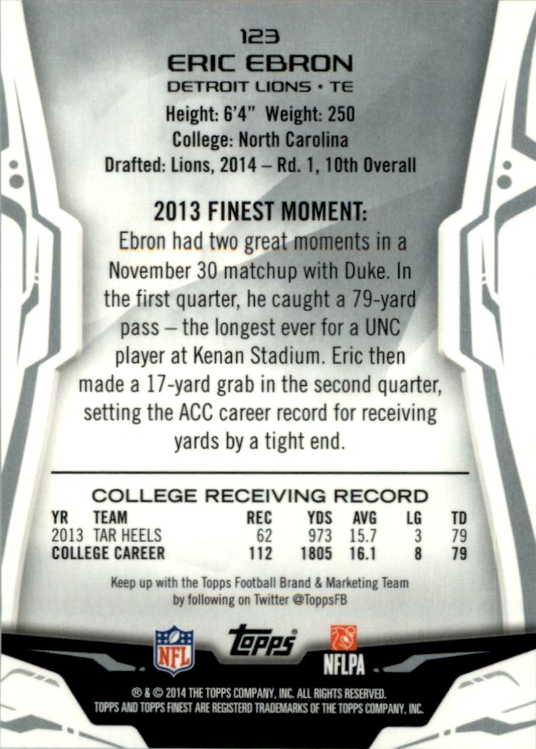 2014 Finest Gold Refractors #123 Eric Ebron back image