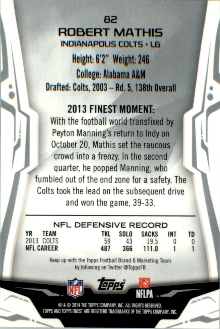 2014 Finest Red Refractors #82 Robert Mathis back image
